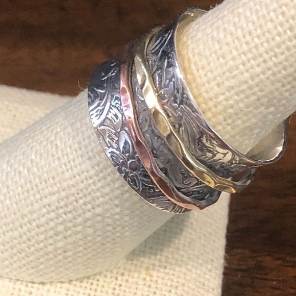Tricolor Engraved Sterling Silver Spinner Ring - Picture 4 of 6